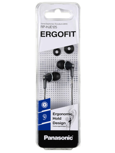 Panasonic RP-HJE125E-K Ergofit In-Ear-Kopfhörer mit kraftvollem Klang, bequemem rutschfestem Sitz und 3 Größen von Ohrstöpseln, schwarz
