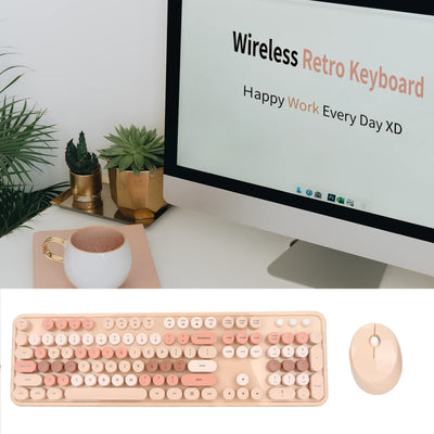 Tastatur Maus Set Kabellos, 2.4GHz tastatur kabellos mit abnehmbaren runden Tastenkappen, Niedliche 104 Tasten Milchtee Tastatur und Maus für Office Home Gaming