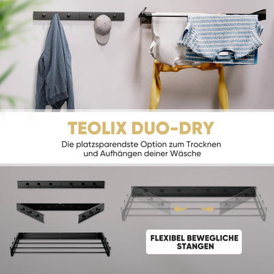 teolix Wäscheständer Wandmontage [2in1 mit extra Kleiderhaken] Ausziehbar und Platzsparend | Wäschetrockner Klein für Wand | Clothes Drying Rack Zeitlos Praktisch - (Schwarz, 80cm)