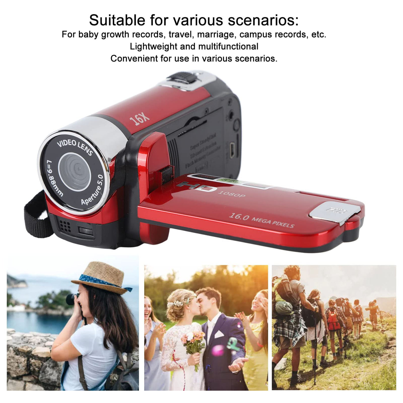 Digitalkamera, 2,7-Zoll-TFT-16-MP-16-fach-Zoom-HD-Vlogging-Kamera, 1020-mAh-Videokamera-Camcorder, für Anfänger und Kinder (Rot)