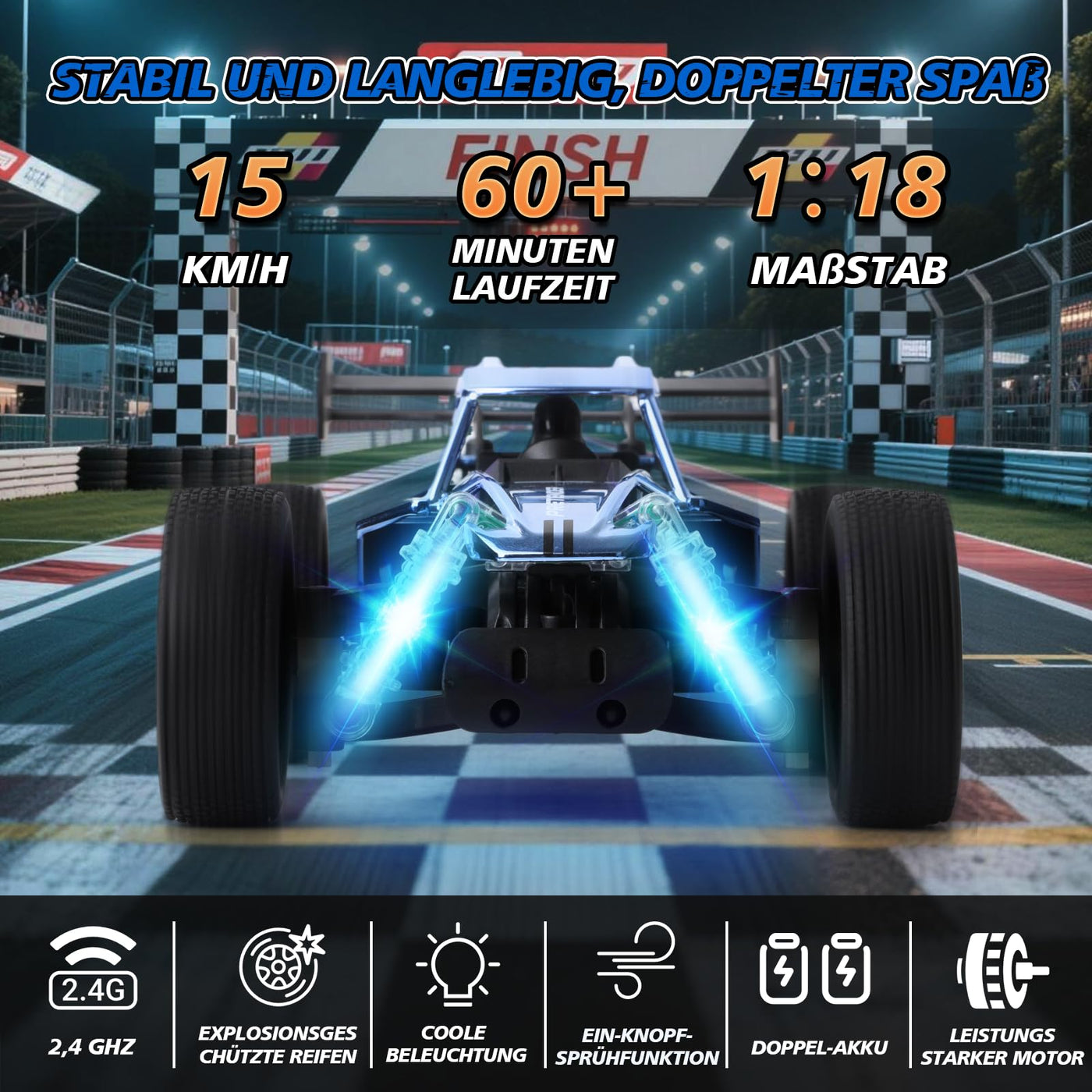 BuzzoXerex 1:18 Ferngesteuertes Auto, 2.4GHz RC Offroad Auto, 2WD 15KM/H RC Buggy mit Sprühfunktion LED-Leuchten, 60 Min Spielzeit, Spielzeugauto Geschenk für Kinder ab 6 7 8 Jahre (Blau)