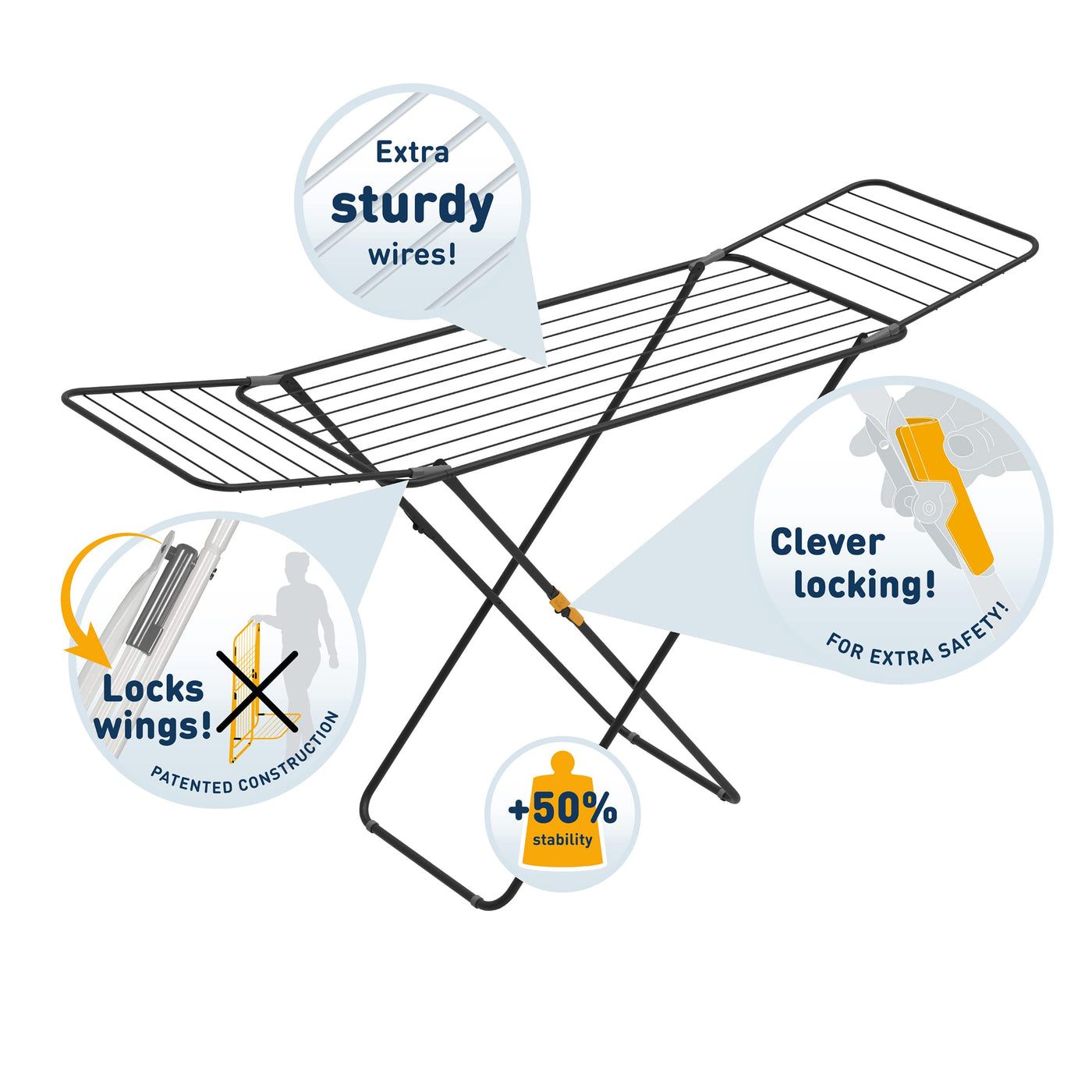 Rörets Wäscheständer Sussi Black – verriegelbare Flügel – Sicherheitssperre – 52x176x96cm – 18 m Trockenfläche - Design und Qualität von Schwedens stärkster Trockenständermarke, für Bekleidung