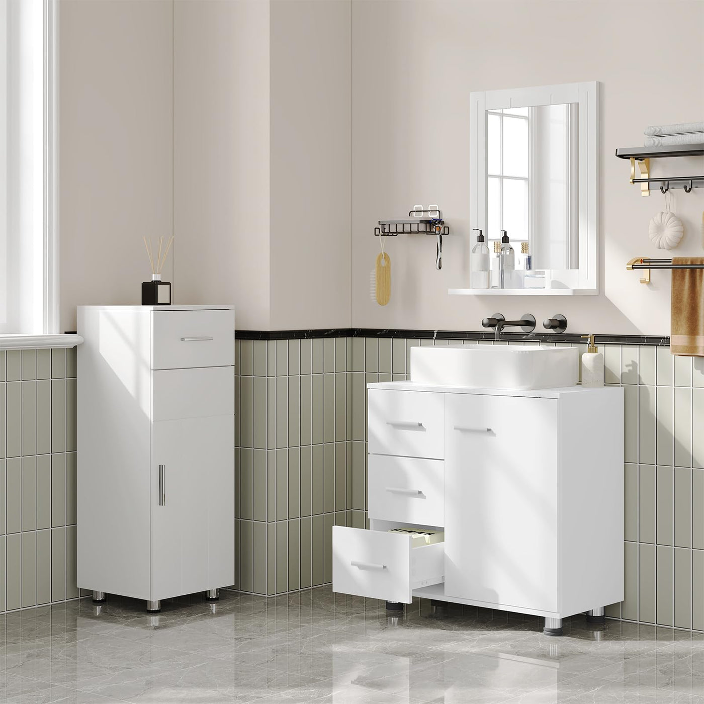 EUGAD Waschbeckenunterschrank, Badezimmerschrank mit 3 Schubladen, 2 Fächer hinter Tür, verstellbare Ablage, Badezimmer Unterschrank, Waschtischunterschrank weiß, 60x59,5x30 cm