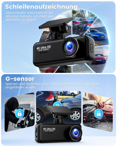 Dashcam Auto 4K+1080P SIGRILL Dashcam Auto Vorne Hinten, WiFi Dash Cam APP Steuerung, kostenlose 64-GB-Karte, Ultra Nachtsicht Daschcam, 24H Parkmodus, G-Sensor, Loop-Aufnahme, Max 256GB