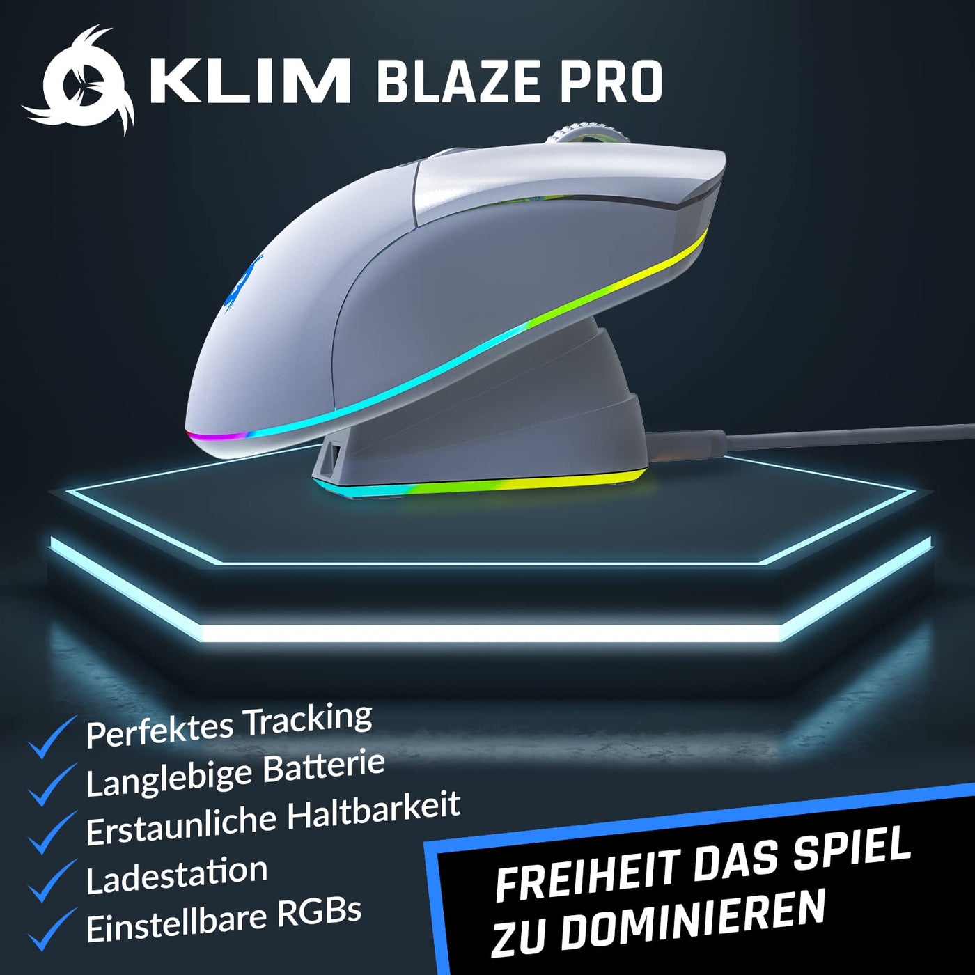 KLIM Blaze Pro – Gaming-Maus, kabellos, RGB wiederaufladbar, mit Ladestation – Neuheit 2024 – Hochpräziser Sensor mit Langer Akkulaufzeit – 6000 DPI – kabelgebundene und kabellose Maus – Weiß