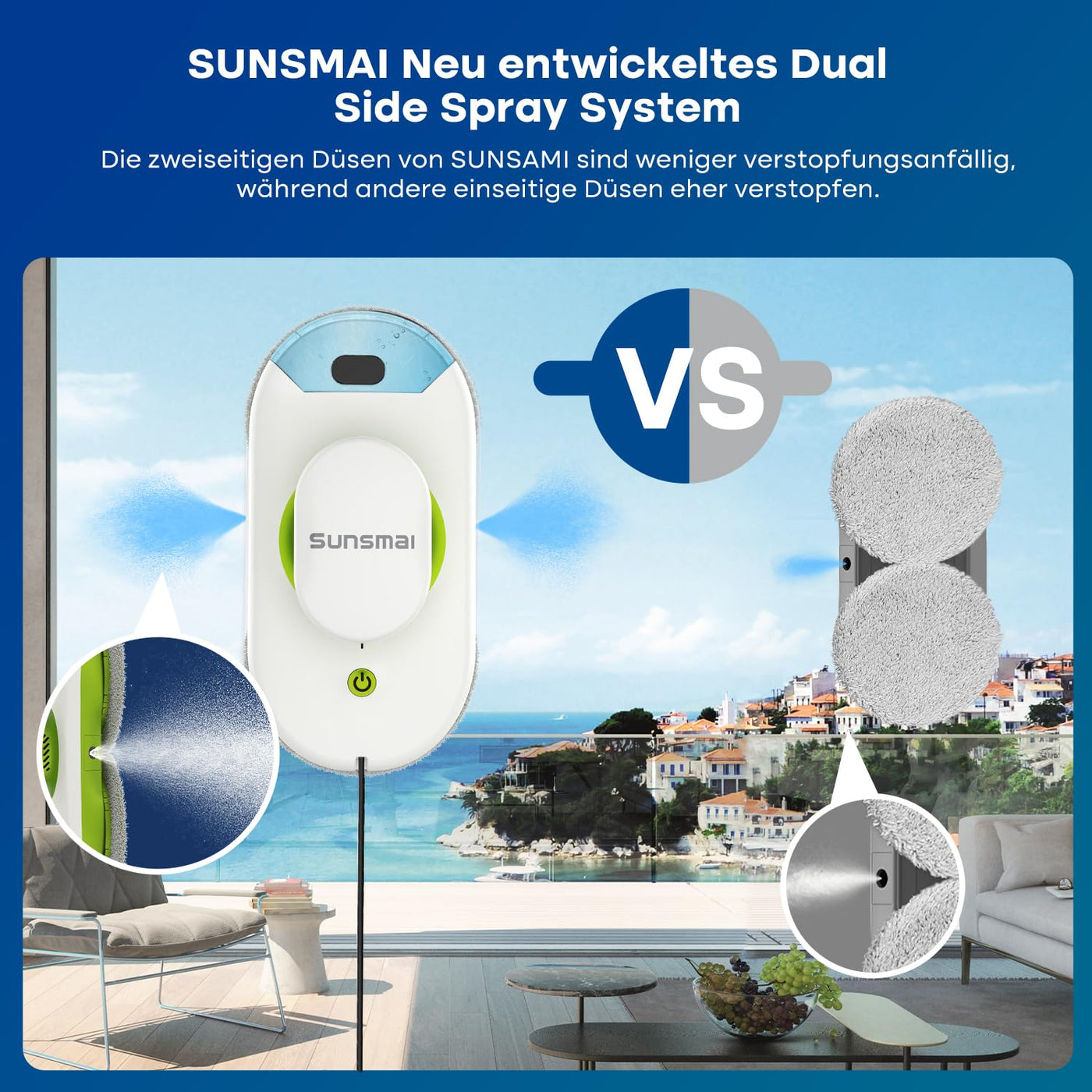 SUNSMAI S60-1A Mini Green Dual Side Spray Fensterputzroboter, Anti-verstopfungsfreie Elektrisch Automatischer Fensterroboter mit Wassersprühfunktion,3800pa Starke Anti-Drop Fensterputzer