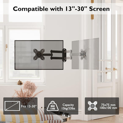 BONTEC PC Monitor Wandhalterung TV Wandhalterung Schwenkbar/Neigbar für 13-30 Zoll Plasma Curved Monitor & TV, VESA 75x75/100x100mm, bis 15kg, inkl. Wasserwaage
