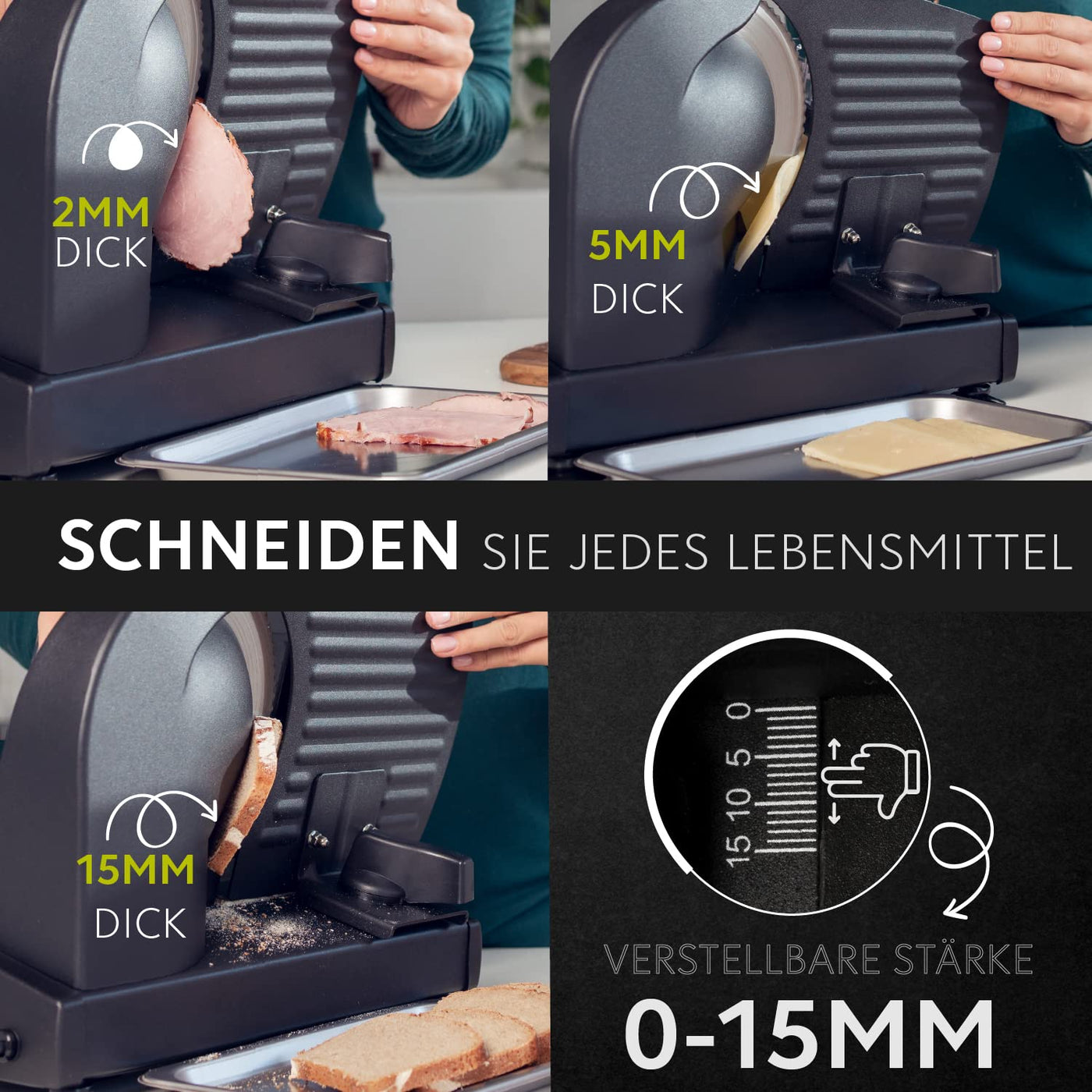 Elektrischer Allesschneider Edelstahl - Verstellbare Küchenmaschine 0 bis 15mm - 2 Klingen - Wurstschneidemaschine - Brotschneidemaschine, Schinkenschneider, Elektrisches Messer Fleisch & Käse