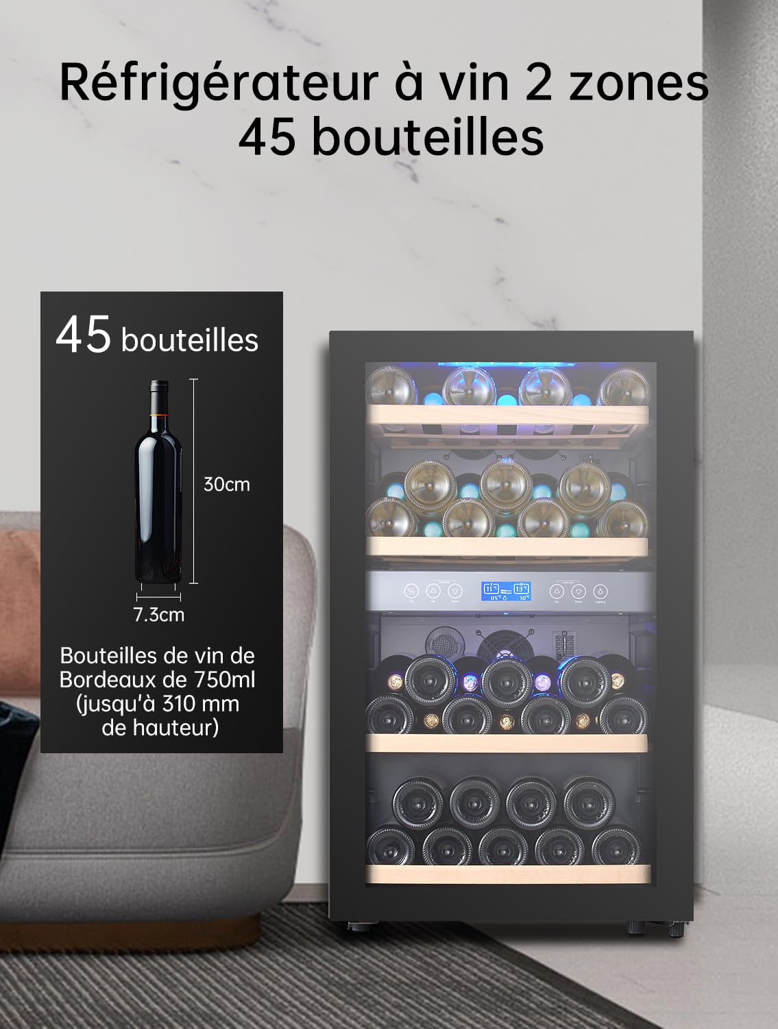 Kalamera Weinkühlschrank 2 Zonen, 45 Flaschen, 120Liter, großes LCD-Display, Temperaturzonen 5-10°C/10-18°C, KRC-120BFG