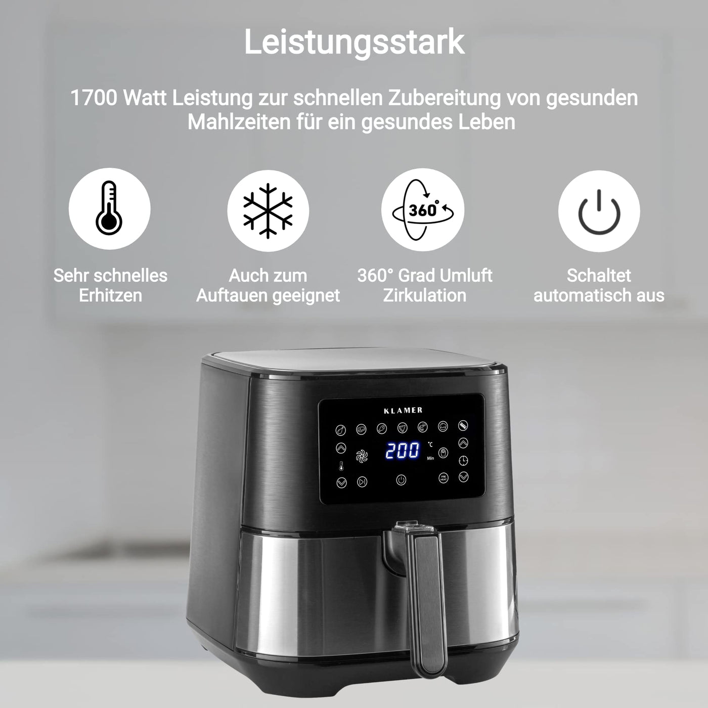KLAMER Heißluftfritteuse 5,5l XXL, ölfreie Friteuse, 1700W Airfryer mit LED-Touchscreen, digitalem deutschen Rezeptbuch, multifunktionale Mini-Heissluftfrittuese ohne Öl