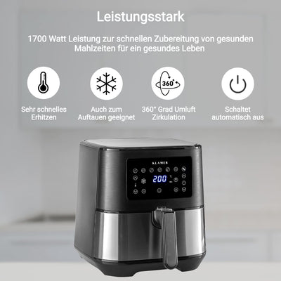 KLAMER Heißluftfritteuse 5,5l XXL, ölfreie Friteuse, 1700W Airfryer mit LED-Touchscreen, digitalem deutschen Rezeptbuch, multifunktionale Mini-Heissluftfrittuese ohne Öl