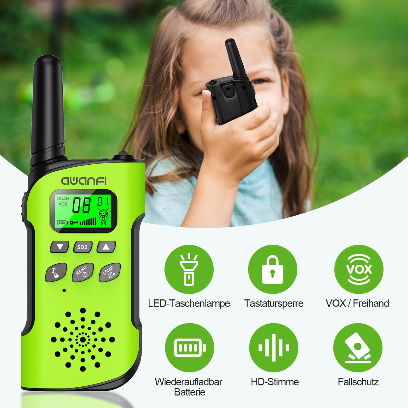AWANFI Walkie Talkie Kinder, Walkie Talkie Aufladbar Li-ion Akku, Funkgerät Set, Walki Talki VOX, LCD Taschenlampe, Tastensperre, Walky Talky für Geschenk Camping Abenteuer, 3-12 Jahre
