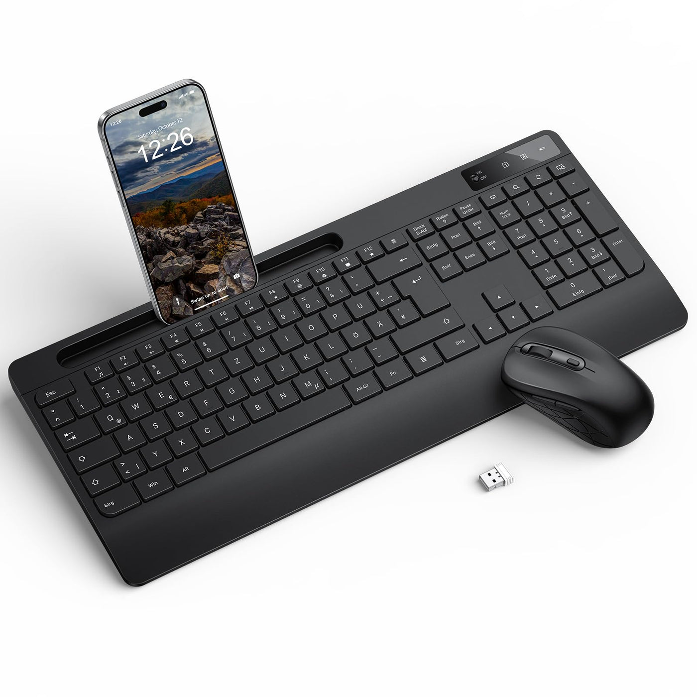 Tastatur Maus Set Kabellos - OMOTON Ergonomische Kabellos Tastatur QWERTZ Deutsche Mit Handgelenkauflage, Funk Tastatur Leise 2.4G USB Wireless Keyboard and Mouse Set für PC/Windows- Schwarz