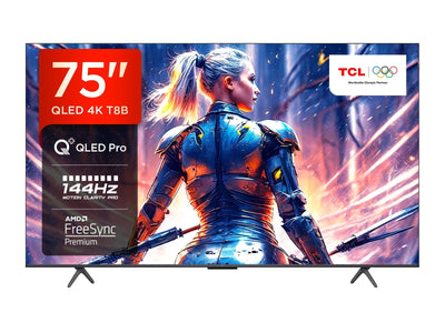 TCL 75T8B 75-Zoll QLED Pro 144Hz Onkyo Gaming Fernseher, 4K UHD, HDR Pro, Google TV (Dolby Vision IQ & Atmos, Motion Clarity, Freihändige Sprachsteureung, Kompatibel mit Google Assistant & Alexa)