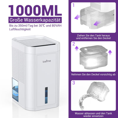 LOEFME 1000ml Mini-Luftentfeuchter, 7-farbige LED-Lichter, tragbarer und ultraleiser Luftentfeuchter elektrisch in Weiß, ideal für Schlafzimmer, Badezimmer, Kleiderschrank und Ankleidezimmer