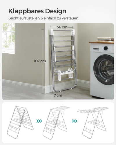 SONGMICS Wäscheständer, Faltbarer Wäscheständer, Wäscheständer mit höhenverstellbaren Flügeln, freistehender Wäschetrockner, Innen- und Außenbereich, Edelstahl, Weiß und Silber LLR502W01