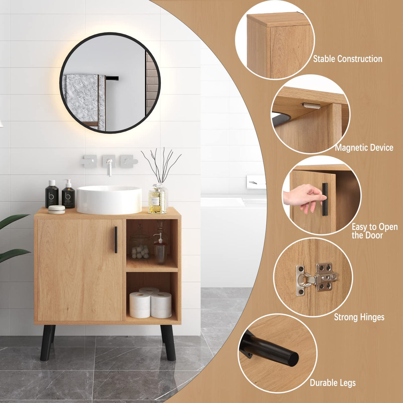 EUGAD Waschbeckenunterschrank mit Tür, Badezimmerschrank mit 2 offenen Ablagen, Schrank im Badezimmer, Unterschrank freistehend, Waschtischunterschrank