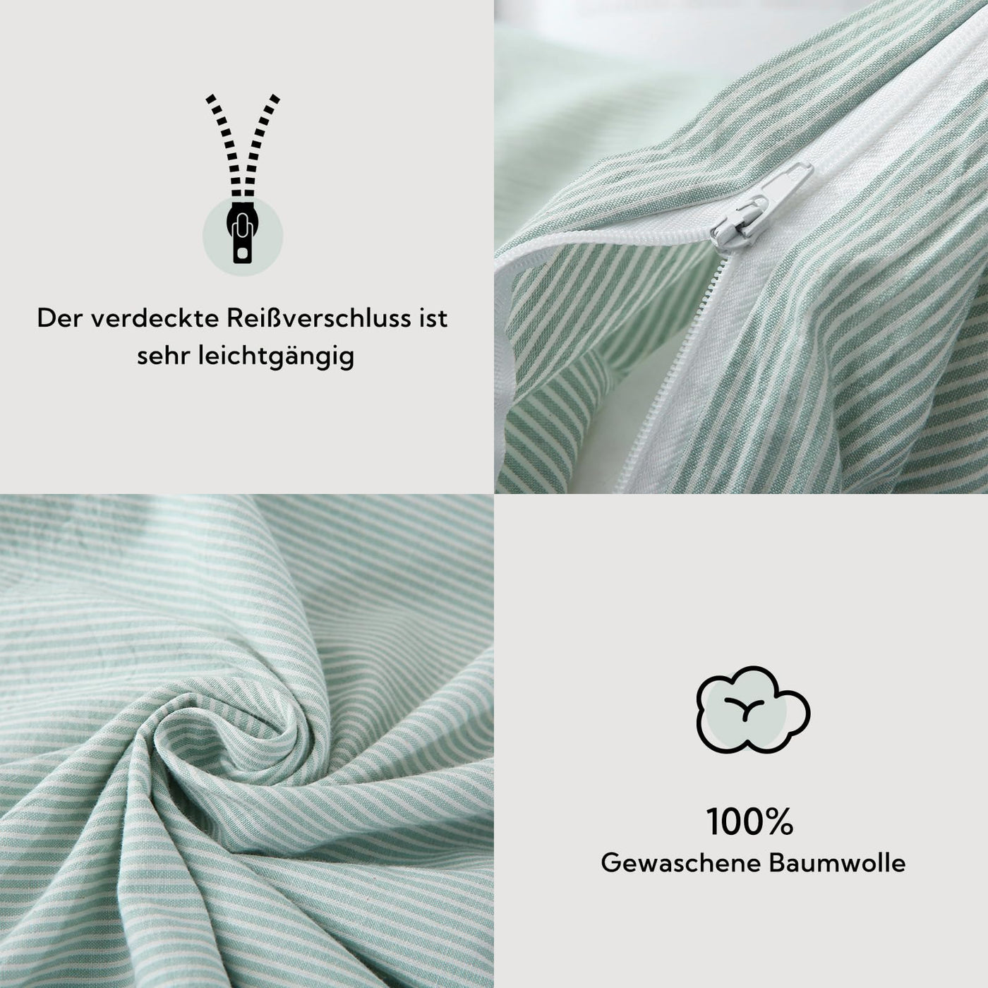 SOULFUL Bettwäsche 135x200 Baumwolle Gestreift, 100% Gewaschene Baumwolle Bettwäsche-Sets Grün mit Reißverschluss öKotex Zertifiziert Enthält 1 Bettbezug 135x200 und 1 Kissenbezüge 80x80
