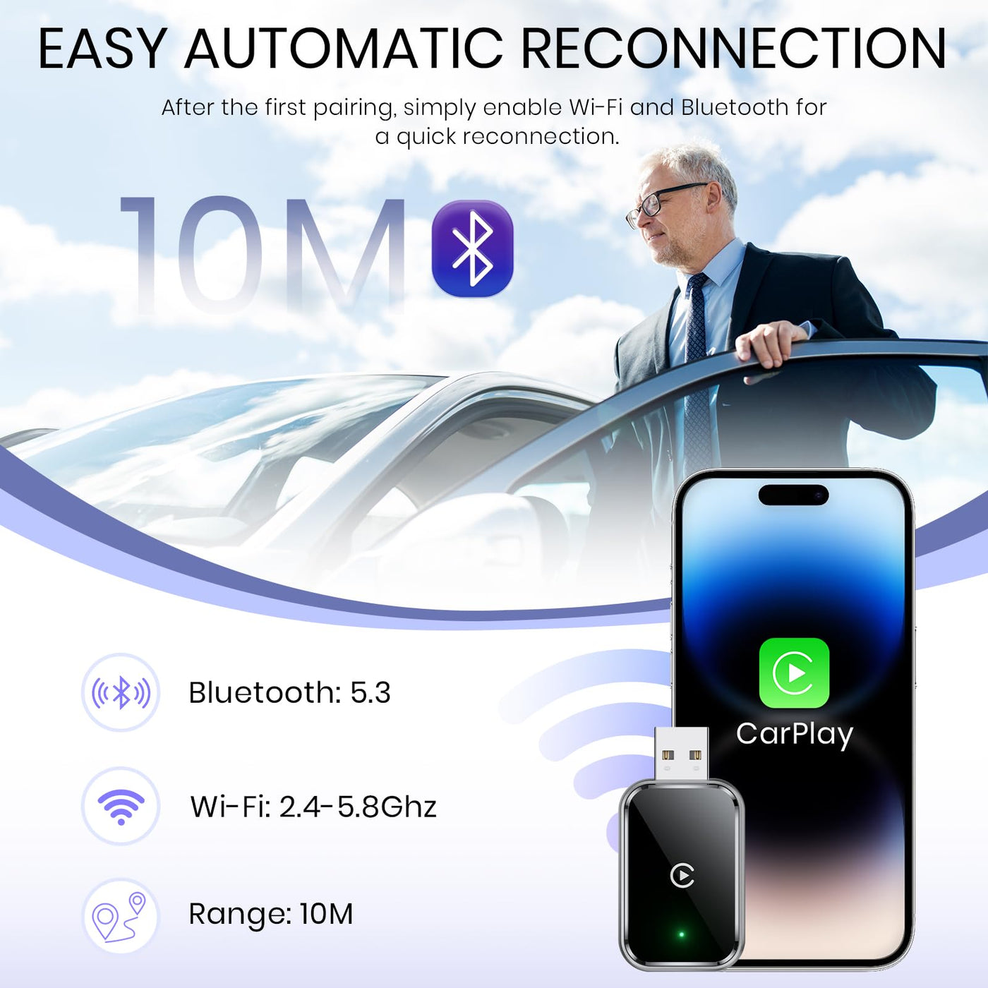 AIZEO Wireless CarPlay Adapter, Superschnelle Upgrade von Wired auf Wireless, Plug und Play, Mini & Stabiler, kompatibel mit iPhone iOS 10+ & Autos mit Wired CarPlay, Black