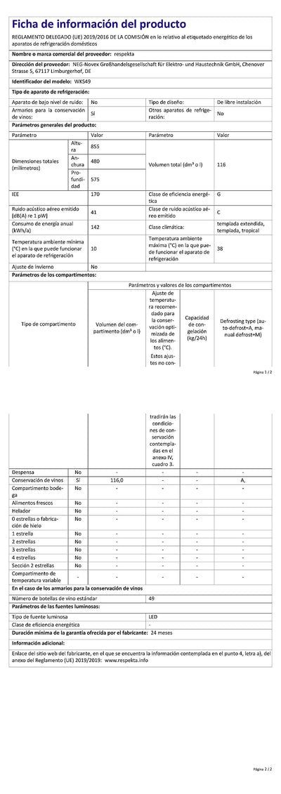 Respekta Weinkühlschrank freistehend für 49 Standardflaschen / 116 L Nutzinhalt/Regelbares Thermostat 5° - 22°C/Touch Control/LED Leuchte/Wechselbarer Türanschlag/Max. 41 dB/WKS 49