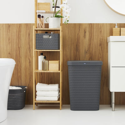 Rotho Country Wäschesammler 55l mit Deckel in Rattan-Optik, Kunststoff (PP) BPA-frei, anthrazit, 55l (42.0 x 32.2 x 57.7 cm)