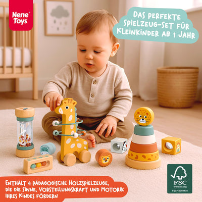 Nene Toys Spielzeug ab 1 Jahr – Montessori Baby Holzspielzeug 4-in-1 Set mit Klangbausteinen, Regenmacher, Stapelturm & Jirafa-Labyrinth – Holzbausteine Motorikspielzeug Geschenk Junge Mädchen