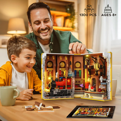 HOGOKIDS Magischer Bahnhof Book Nook Bauspielzeug Set mit LED, 1300 Pcs Buchstützen-Bausteinsatz für Bücherregal, Heimdekoration, DIY Booknook Geschenke für Erwachsene, Jungen Mädchen ab 10 Jahren