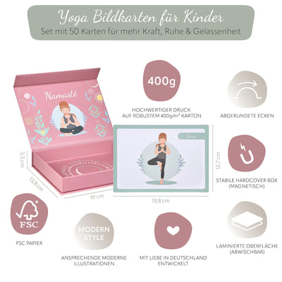 Yomeda Kinderyoga Bildkarten – 50 hochwertige Yoga Karten für Kinder mit Anleitungen – Fördert Konzentration, Bewegung & Achtsamkeit – Ideal für Zuhause, Schule & Therapie [Pädagogisch Wertvoll]