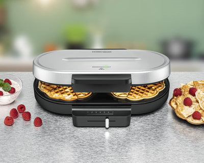 ROMMELSBACHER Waffel Automat WA 1250, für 2 Herzwaffeln, je 16 cm, Ø Antihaftbeschichtung, Backampel, stufenlos regelbar, 1250 Watt, schwarz/silber