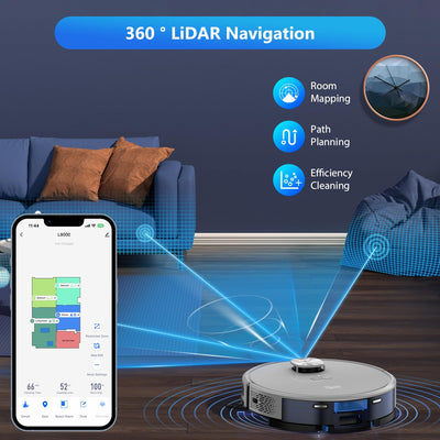 Tikom L9000 Saugroboter mit Wischfunktion, LiDAR Navigation, 4000Pa Staubsauger Roboter, 150Mins Max, Selbstaufladend, WLAN, 14 No-Go-Zonen, für Tierhaare, Teppich, Hartboden