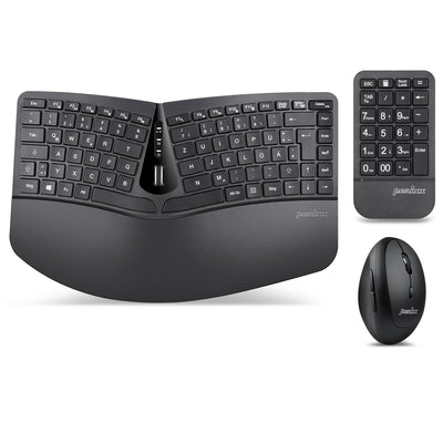 Perixx PERIDUO-606A 3-in-1 Kabellose Ergonomische Tastatur, Vertikale Maus, Numerisches Tastenfeld, Verstellbare Handballenauflage, QWERTZ