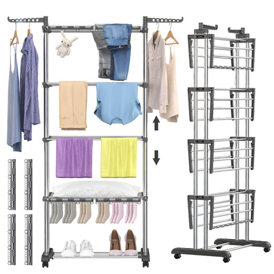 johgee 5 Ebenen Wäscheständer Wäschetrockner Turm mit Rollen, Höhenverstellbar klappbarer Waschestander mit 8 Klappbare Flügel und 4 Sockenklammern, Edelstahl Standtrockner Wäscheturm für Innen&Außen