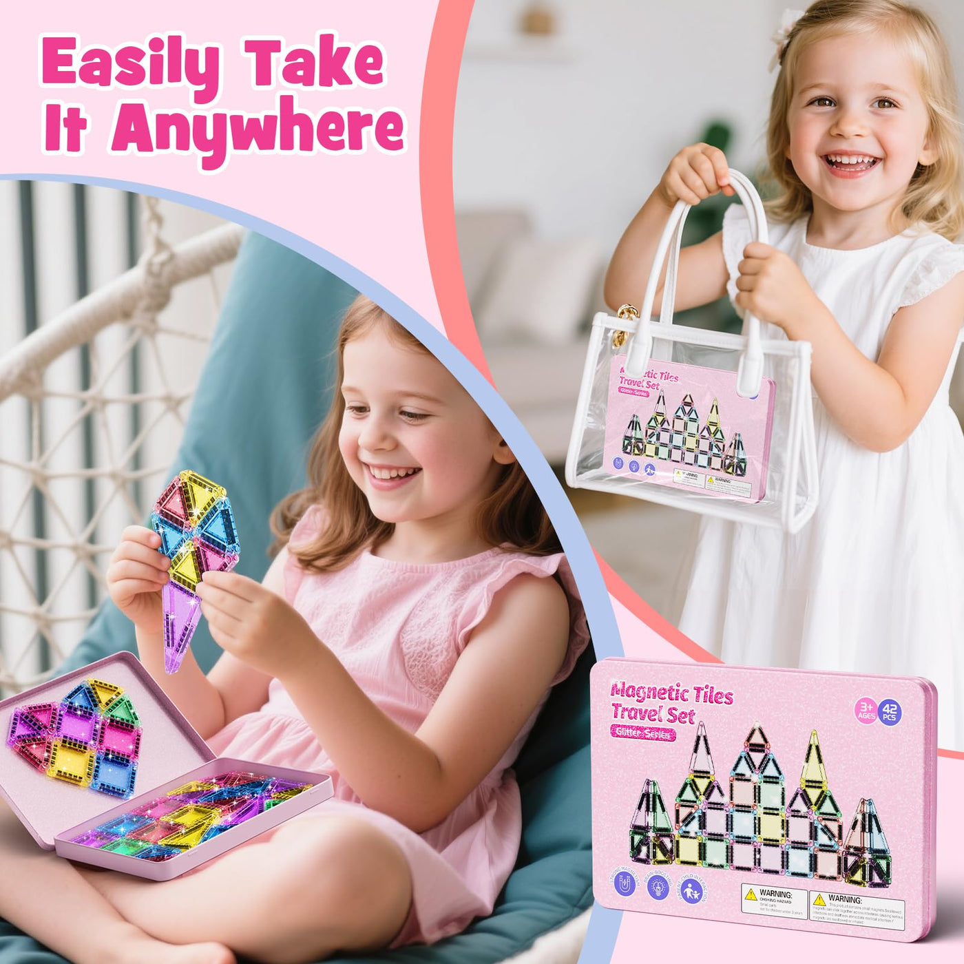 Reise Magnetische Tiles Glitzer Konstruktion Set 42pcs Reisespielzeug für Kinder MINT- Magnetische Fliesen mit Eisenkastenbasis, Magnetische Bausteine Reise Spielzeug Geschenk für 3+ Jahre Mädch