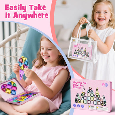 Reise Magnetische Tiles Glitzer Konstruktion Set 42pcs Reisespielzeug für Kinder MINT- Magnetische Fliesen mit Eisenkastenbasis, Magnetische Bausteine Reise Spielzeug Geschenk für 3+ Jahre Mädch