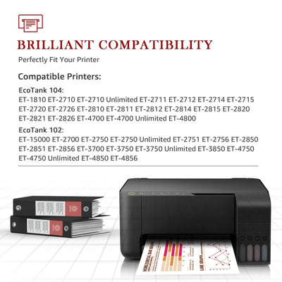 Toner Kingdom 102 Tinte Multipack 104 Tinte Kompatibel für Epson 104 Ecotank 4-Colour Multipack für Epson ET-2720 ET-2710 ET-2715 ET-2820 für Epson 102 EcoTank ET-2750 ET-2850 ET-4750 ET-2856 ET-4850