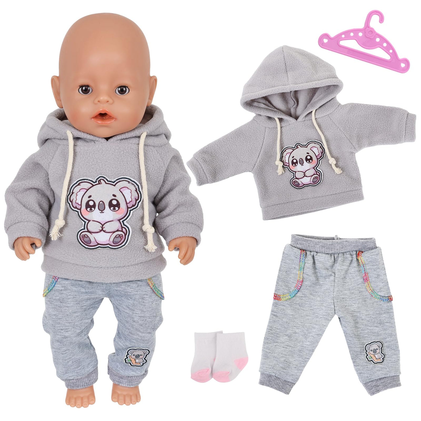 4 Stück Puppenkleidung für 14–18 Zoll große Babypuppen, 35-45cm Baby Puppen Outfits mit Koala, 43cm Süße PuppenKleidung Zubehör mit grau Koalahoodie + Hose + Socken + Kleiderbügel