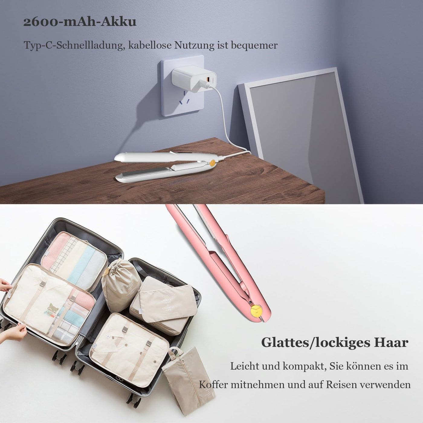 LOUIKAY Kabelloser Haarglätter 2 in 1 Lockenwickler, Mini Glätteisen Wiederaufladbares USB Glätteisen, Negative Ionen Mini Reiseglätter mit 3 Temperaturen 160/180/200℃ für kurzes & langes Haar (Weiß)