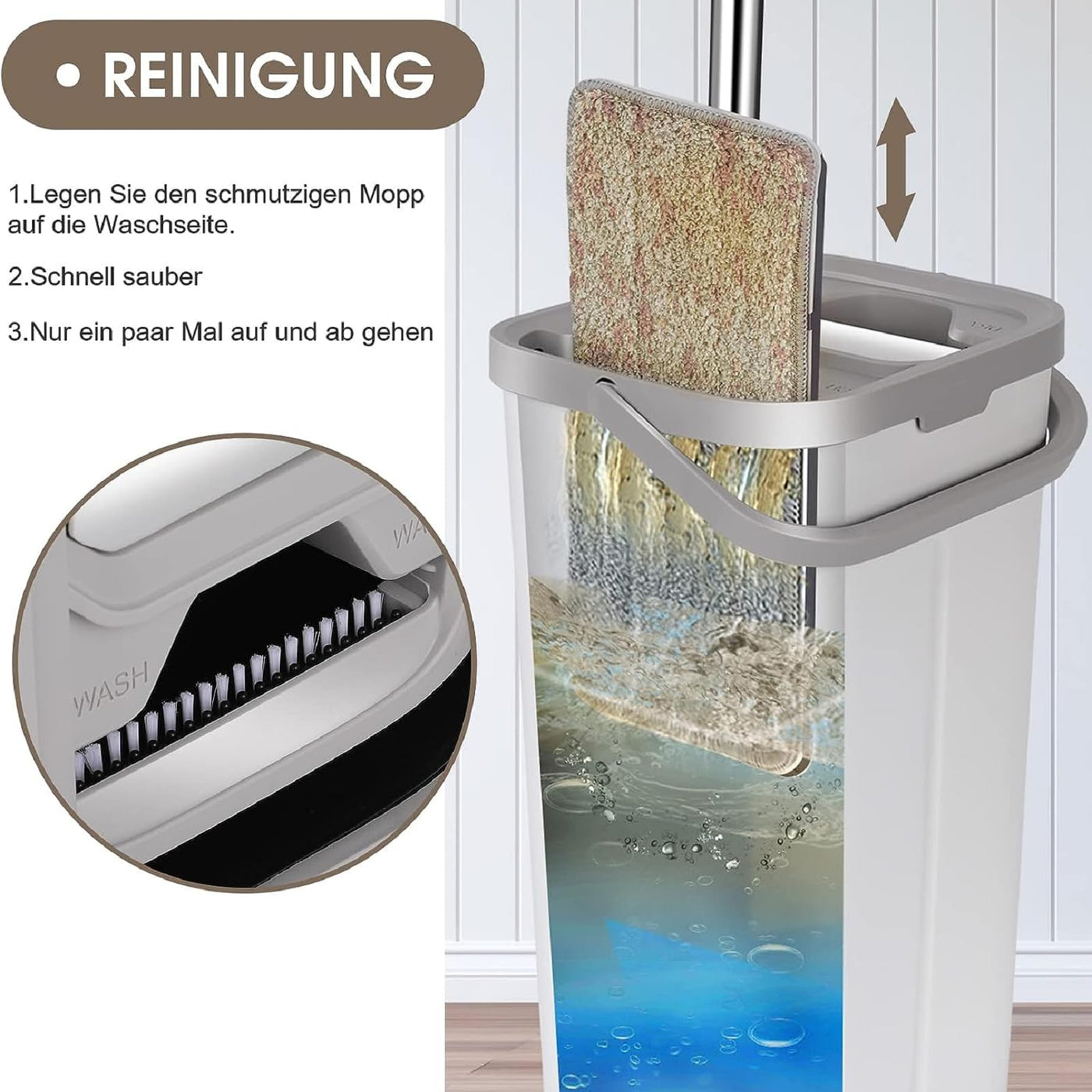 MASTERTOP Wischmopp Set mit Eimer, Flachmopp Bodenwischer mit 10 Mopp Pads und Langem Griff, 2 in 1 Putzeimer mit Wischmop, Mikrofaser Wischmopp mit Auswringfunktion für All Boden-Weiß