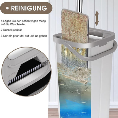 MASTERTOP Wischmopp Set mit Eimer, Flachmopp Bodenwischer mit 10 Mopp Pads und Langem Griff, 2 in 1 Putzeimer mit Wischmop, Mikrofaser Wischmopp mit Auswringfunktion für All Boden-Weiß