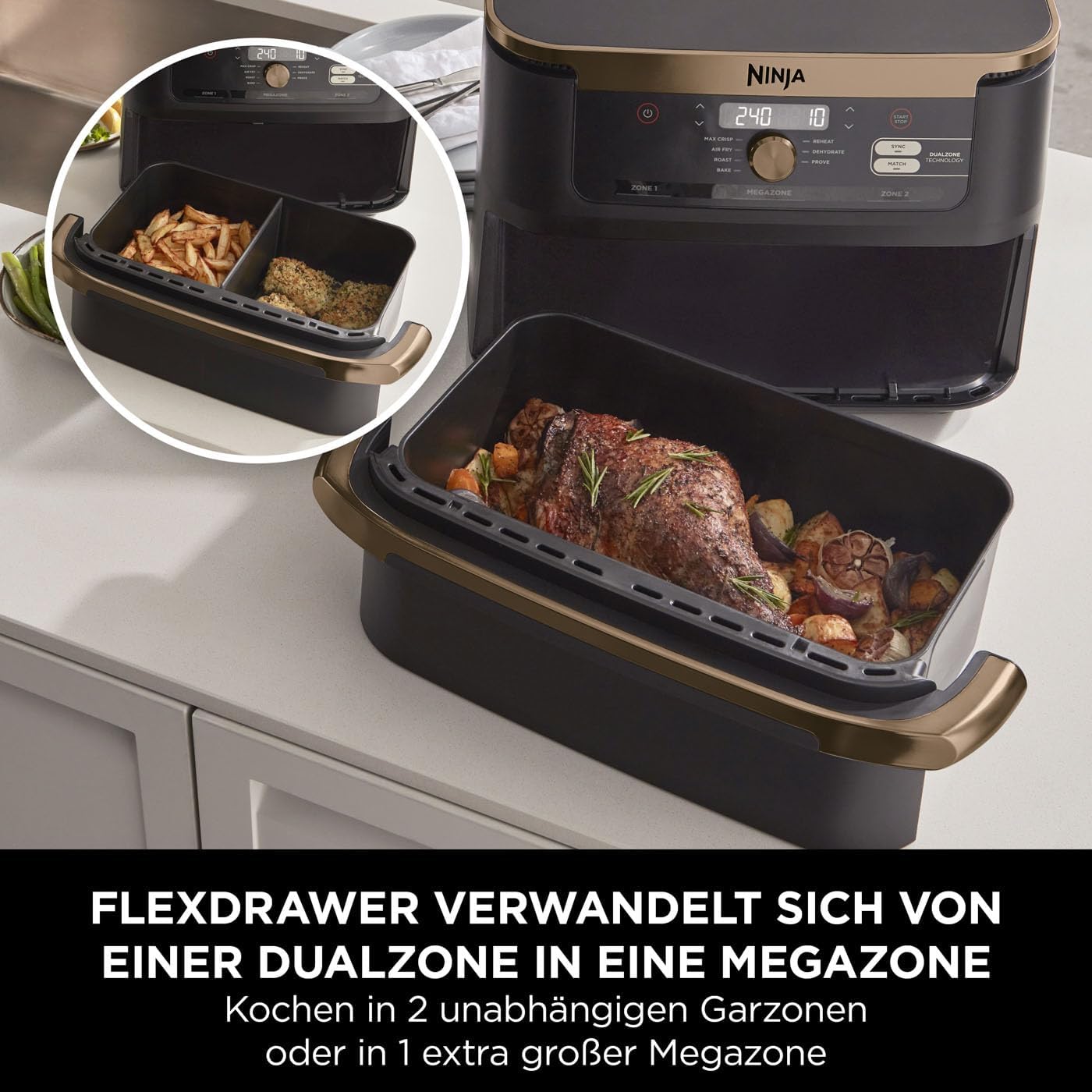 Ninja Foodi FlexDrawer Dual Zone Heißluftfritteuse, Digitale Air fryer mit 10,4-Fach und herausnehmbarem Trenner, Antihaftbeschichtung, spülmaschinenfester Korb, 7-in-1, Schwarz & Kupfer, AF500EUCP