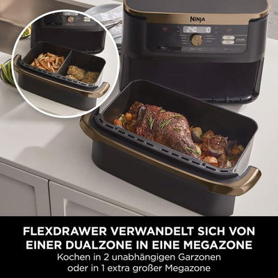 Ninja Foodi FlexDrawer Dual Zone Heißluftfritteuse, Digitale Air fryer mit 10,4-Fach und herausnehmbarem Trenner, Antihaftbeschichtung, spülmaschinenfester Korb, 7-in-1, Schwarz & Kupfer, AF500EUCP