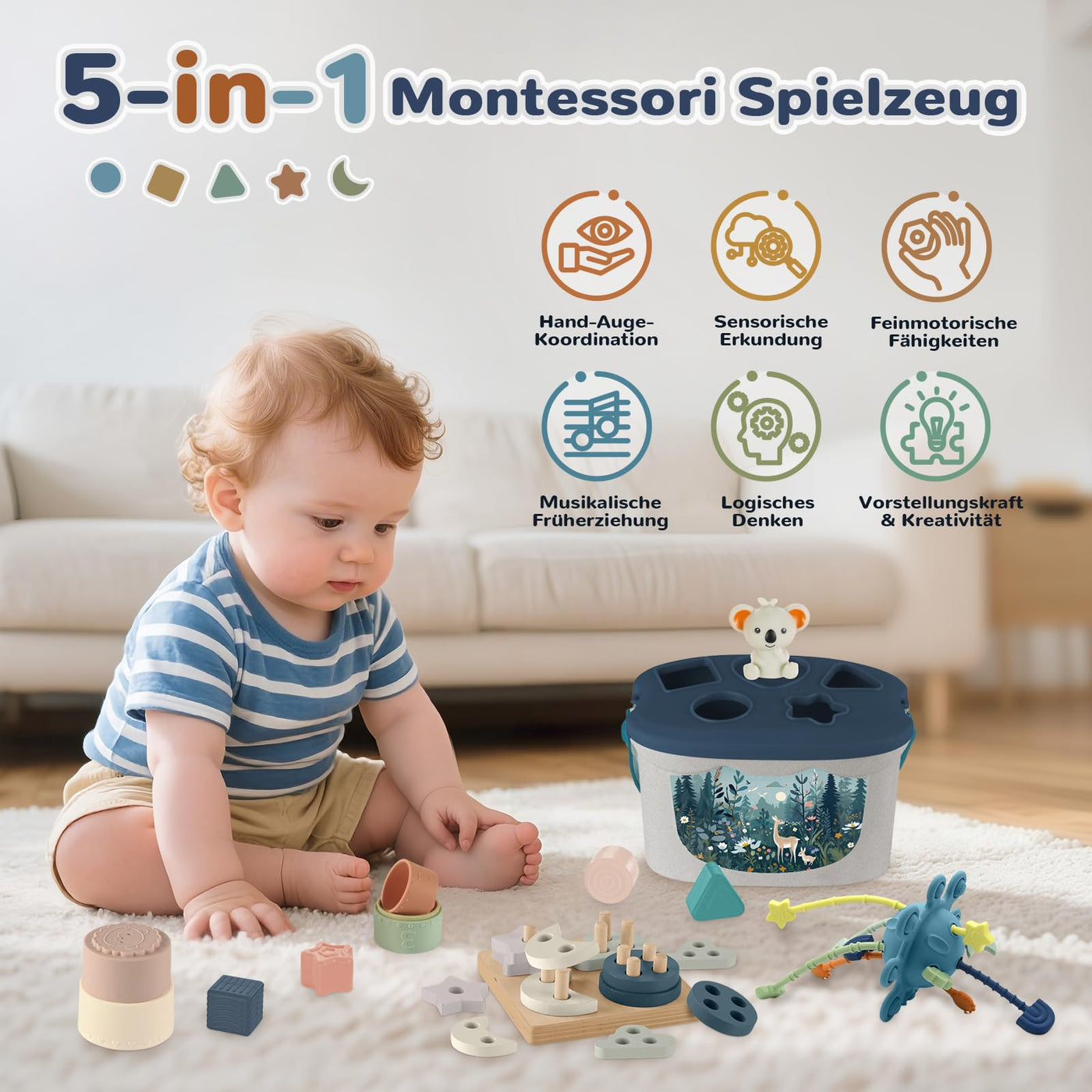 Almaxi Baby Spielzeug ab 6 Monate,5 in 1 Montessori Spielzeug Baby,Motorikspielzeug mit Formensortier- und Stapelspielzeug,Xylophon,Silikon Zugschnur Spielzeug,Stapelbecher,Geschenk Junge Mädchen