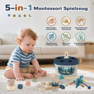 Almaxi Baby Spielzeug ab 6 Monate,5 in 1 Montessori Spielzeug Baby,Motorikspielzeug mit Formensortier- und Stapelspielzeug,Xylophon,Silikon Zugschnur Spielzeug,Stapelbecher,Geschenk Junge Mädchen