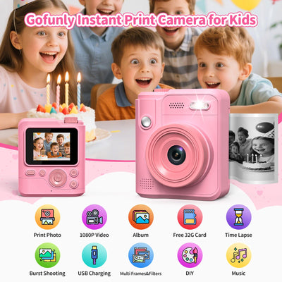 Gofunly Sofortbildkamera Kinder, 1080P HD Kinderkamera Sofortbildkamera mit 32GB Karte & DruckerPapier, Kamera Kinder Sofortdruck Kinderspielzeug Geschenke für Jungen und Mädchen 3-12 Jahre