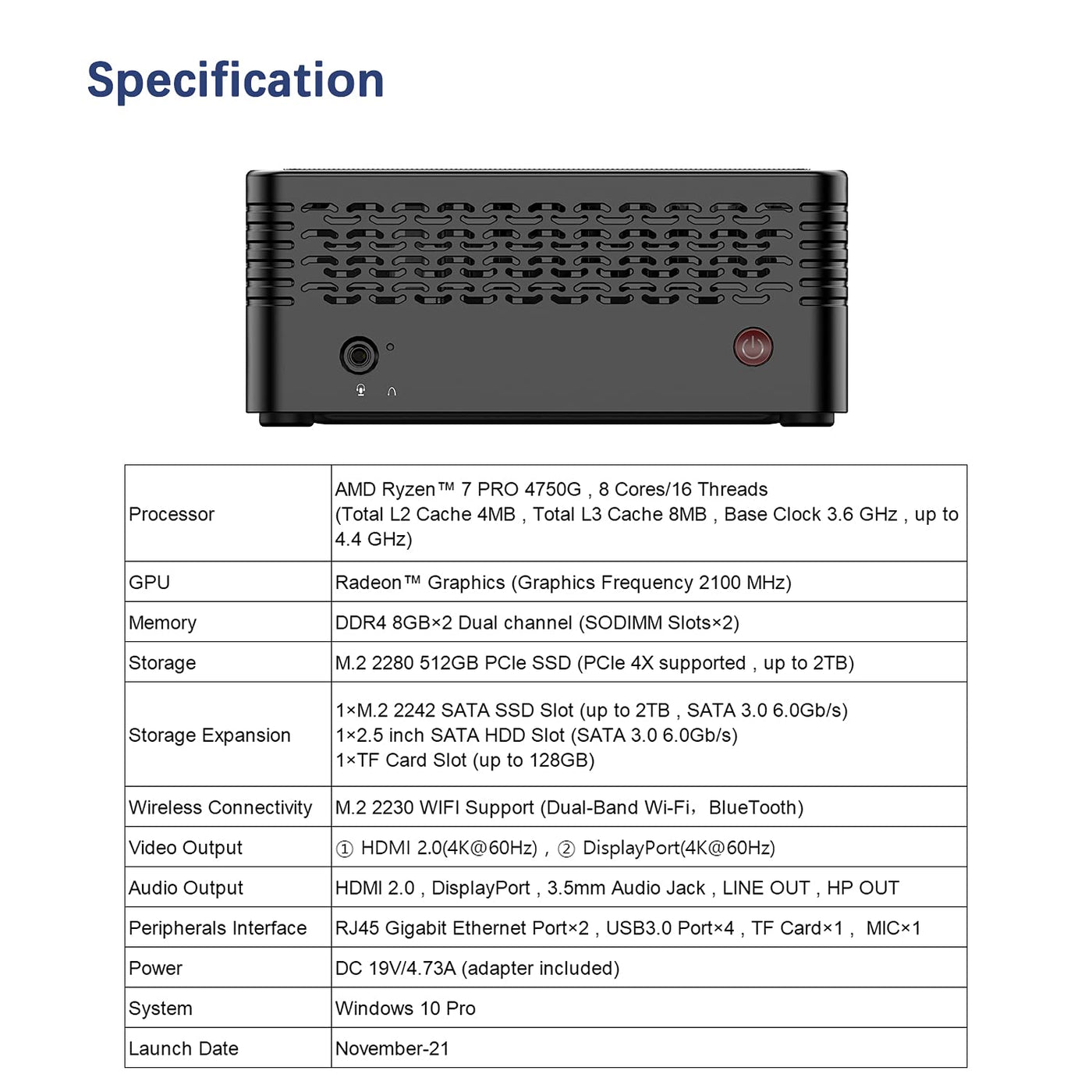 MINIS FORUM X400 Mini-PC AMD Ryzen 7 Pro 4750G 8C/16T Desktop-Computer, DDR4 16 GB RAM 512G SSD, HDMI 2.0/DP 4K@60Hz-Ausgang, 2X RJ45-Anschluss, 4X USB3.0-Anschluss, WIFI6 BT5.1