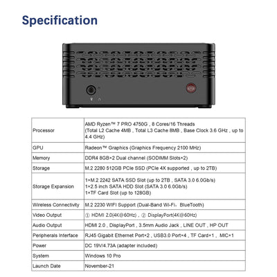 MINIS FORUM X400 Mini-PC AMD Ryzen 7 Pro 4750G 8C/16T Desktop-Computer, DDR4 16 GB RAM 512G SSD, HDMI 2.0/DP 4K@60Hz-Ausgang, 2X RJ45-Anschluss, 4X USB3.0-Anschluss, WIFI6 BT5.1