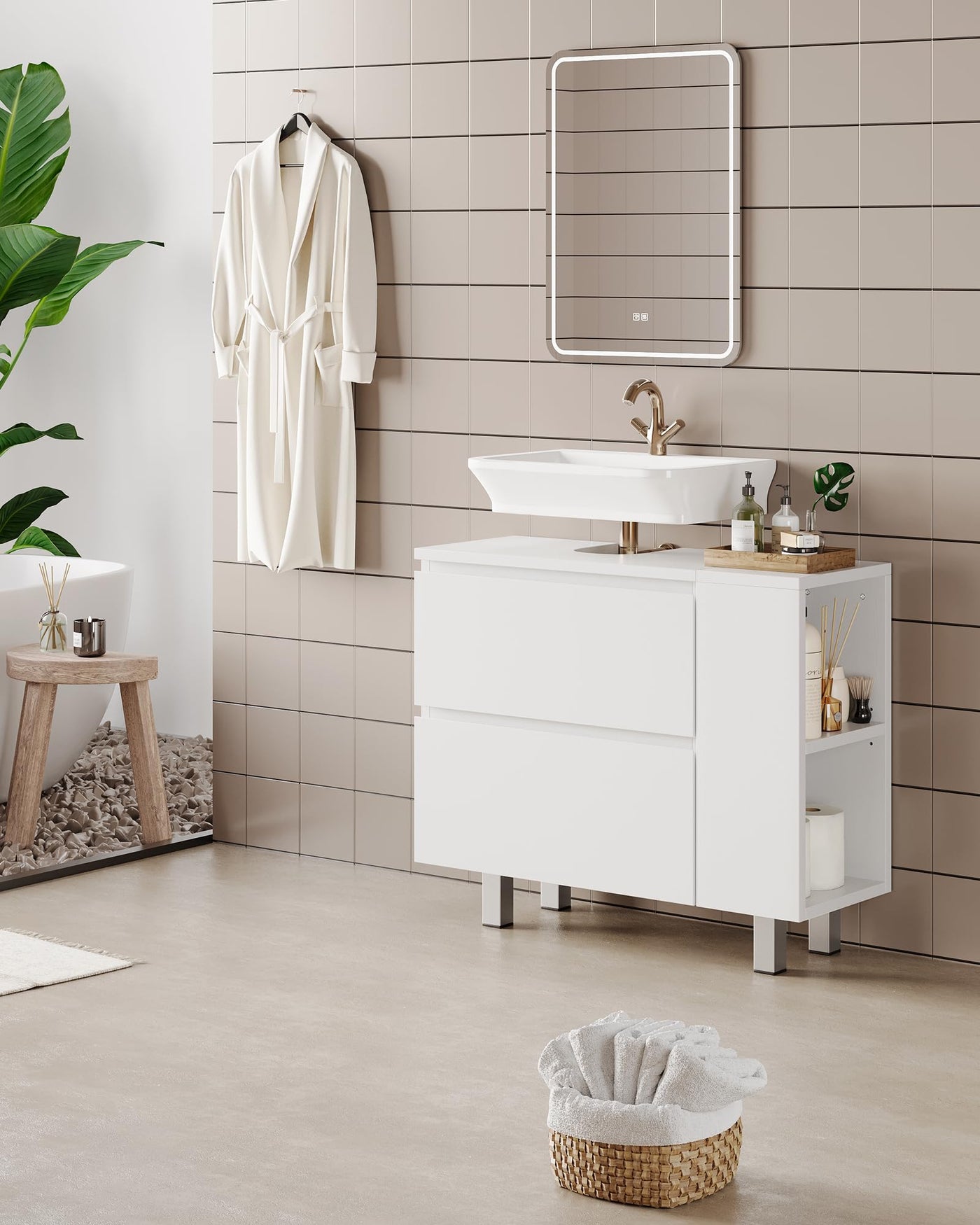 KIMENICH Waschbeckenunterschrank, Badezimmerschrank mit 2 großen Schubladen, Transformierbarer Unterschrank, Verstellbare Ablage, Viel Stauraum, 80 * 30 * 66cm, Weiß