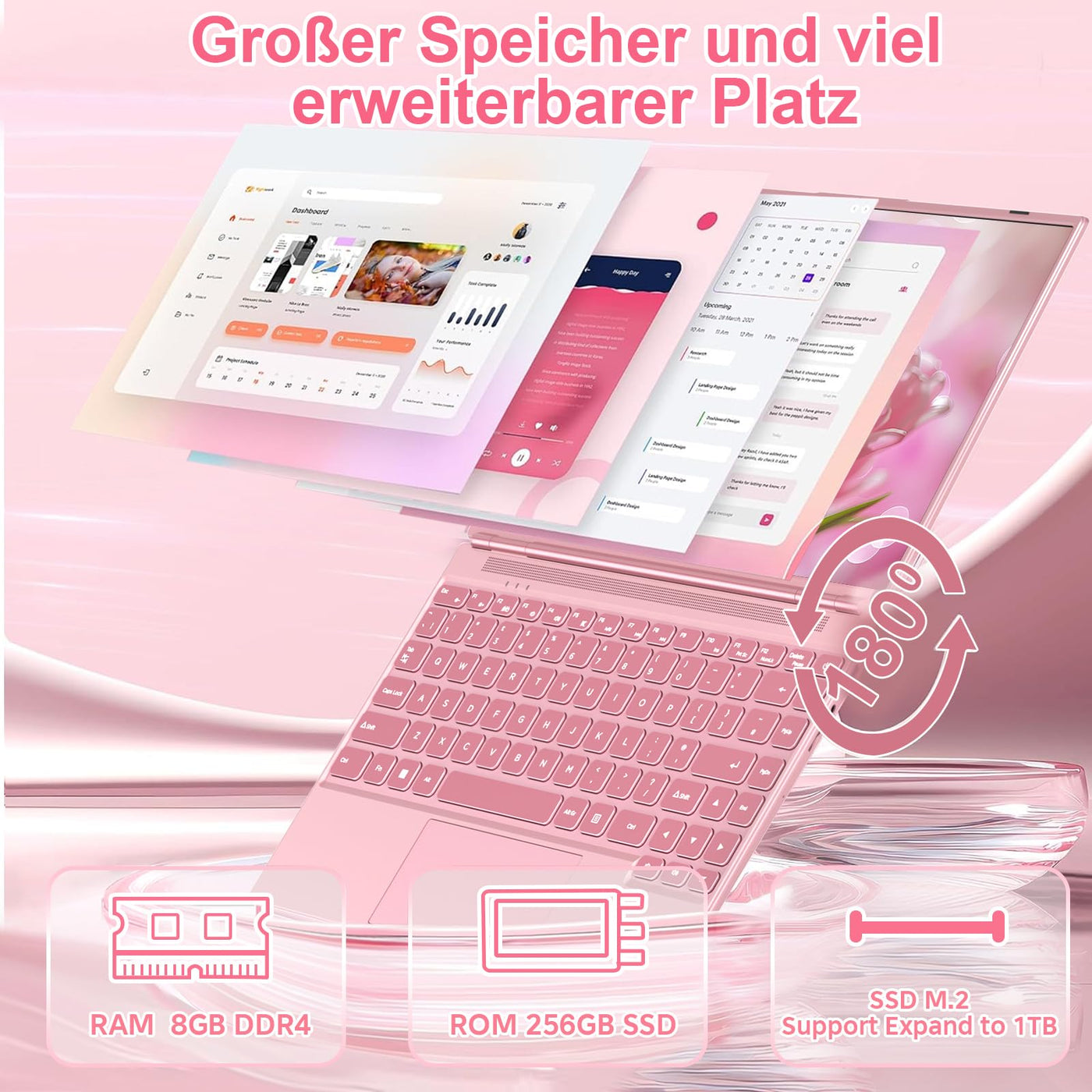 NOTODD 2025 Laptop 14 Zoll Win11 Pro 8+256GB SSD Unterstützung 1TB(TF-1TB) Celeron N5095 (bis 2.9GHz) 1920x1200 Notebook Kühlgebläse Type-C Deutscher Tastaturschutz und kabellose Maus-Rosa