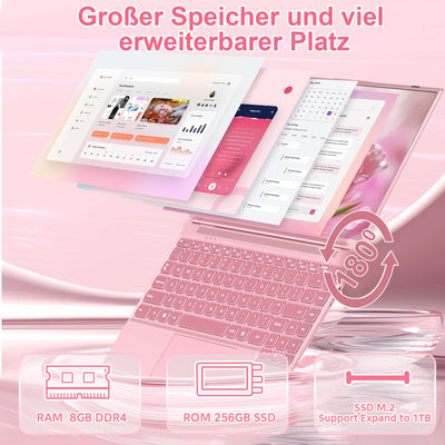 NOTODD 2025 Laptop 14 Zoll Win11 Pro 8+256GB SSD Unterstützung 1TB(TF-1TB) Celeron N5095 (bis 2.9GHz) 1920x1200 Notebook Kühlgebläse Type-C Deutscher Tastaturschutz und kabellose Maus-Rosa