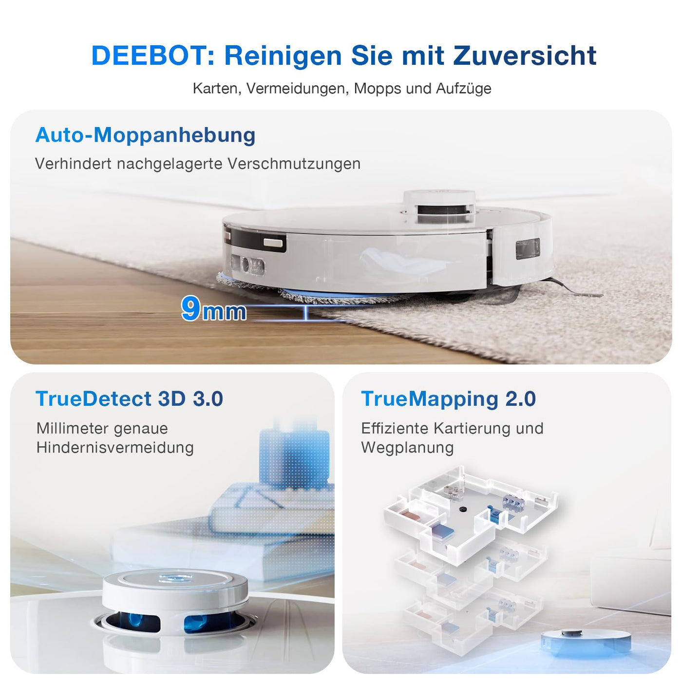 ECOVACS DEEBOT T30 PRO OMNI Saugroboter mit Wischfunktion, mit TrueEdge Moppin, Zero Tangle Bürste, 11.000 PA Saugkraft mit heißem Wasser und Smart Rewash, Farbe Silber